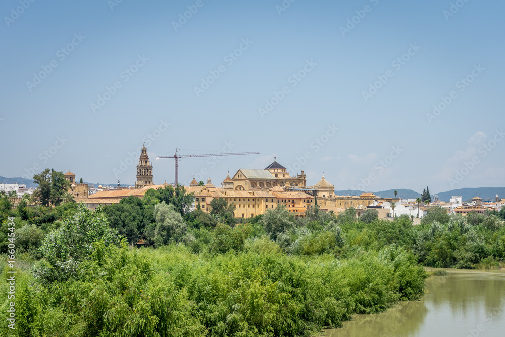 The Cathedral mosque and bell tower of Cordoba from the bridge on the river Guadalquivir