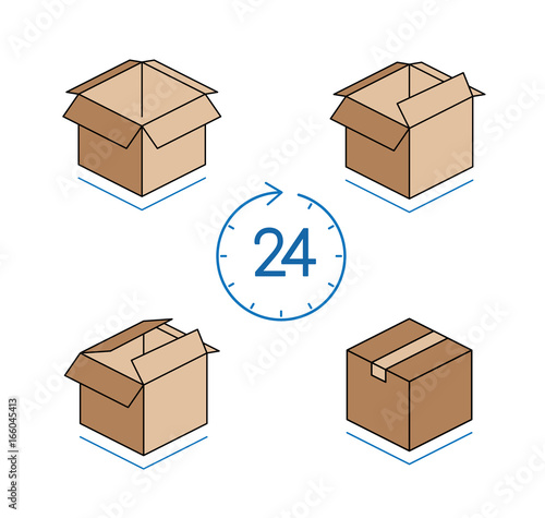Cardboard boxes with clock isolated on white background