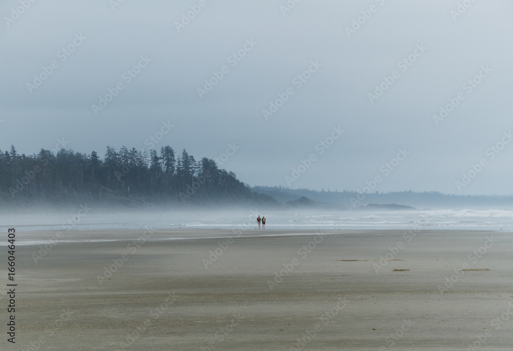 Lonely couple walking on the beach in fog