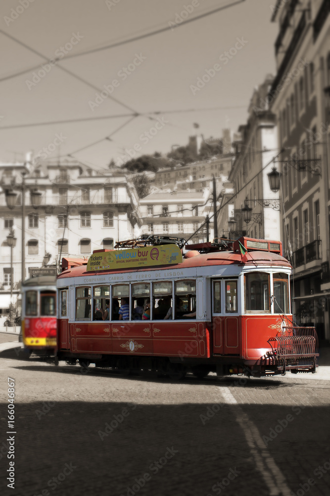 Red Trams circulating in Lisbon, Portugal
