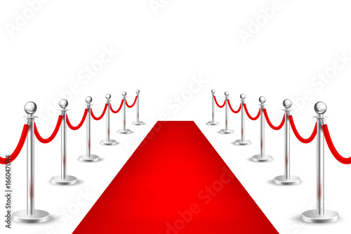 Realistic vector red event carpet and silver barriers isolated on white background. Design template, clipart in EPS10.