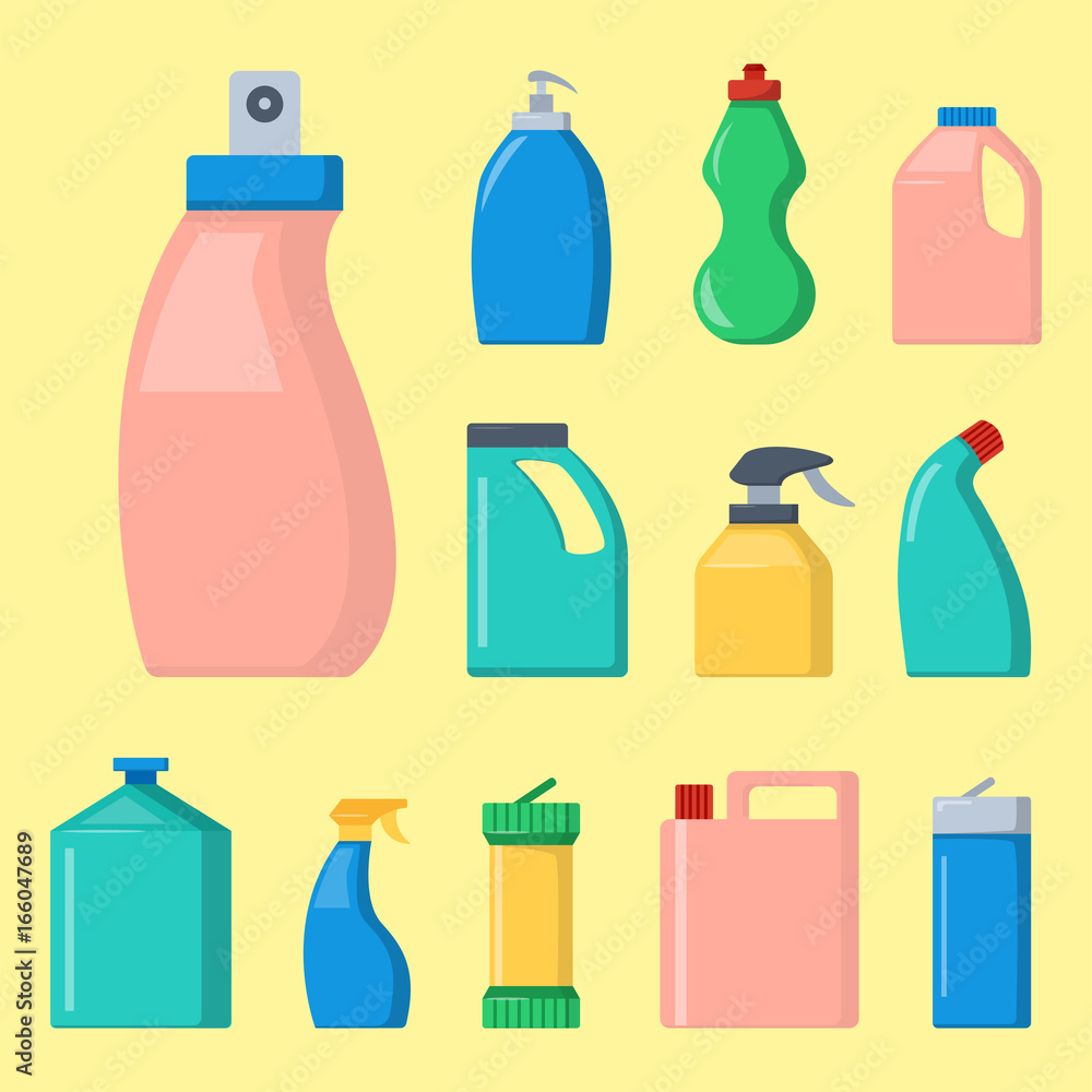 Bottles of household chemicals supplies cleaning housework liquid domestic fluid cleaner pack vector illustration. Bottles of household chemicals supplies cleaning housework liquid domestic fluid cleaner pack vector illustration.