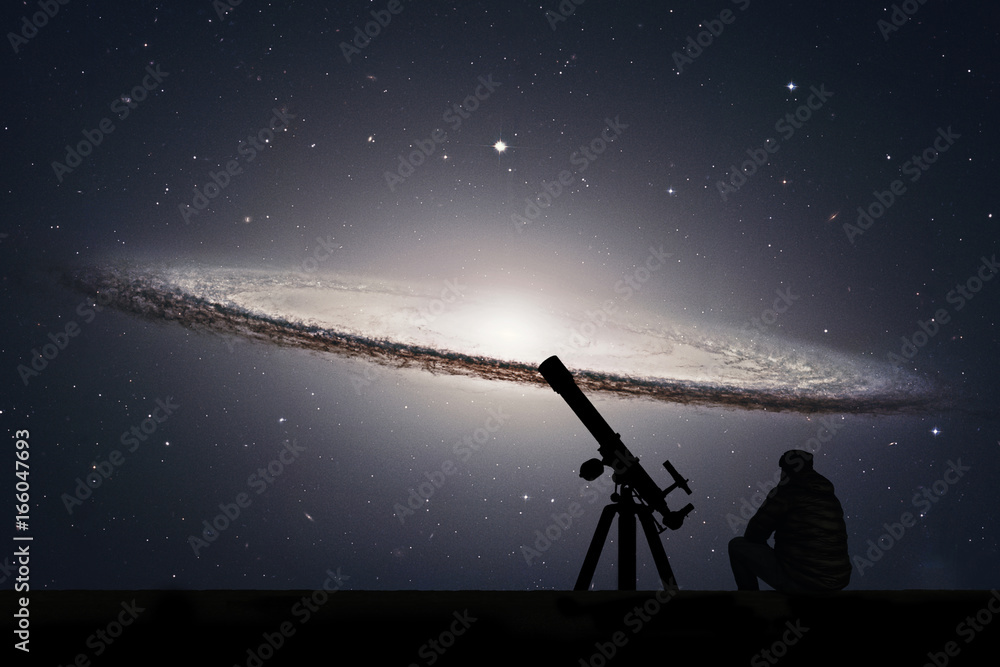 Naklejka premium Man with telescope looking at the stars. Sombrero Galaxy M104 in constellation Virgo.