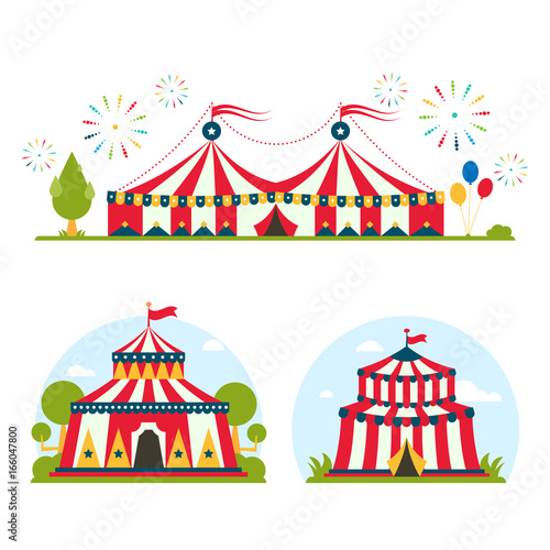 Circus show entertainment tent marquee marquee outdoor festival with stripes and flags isolated carnival signs