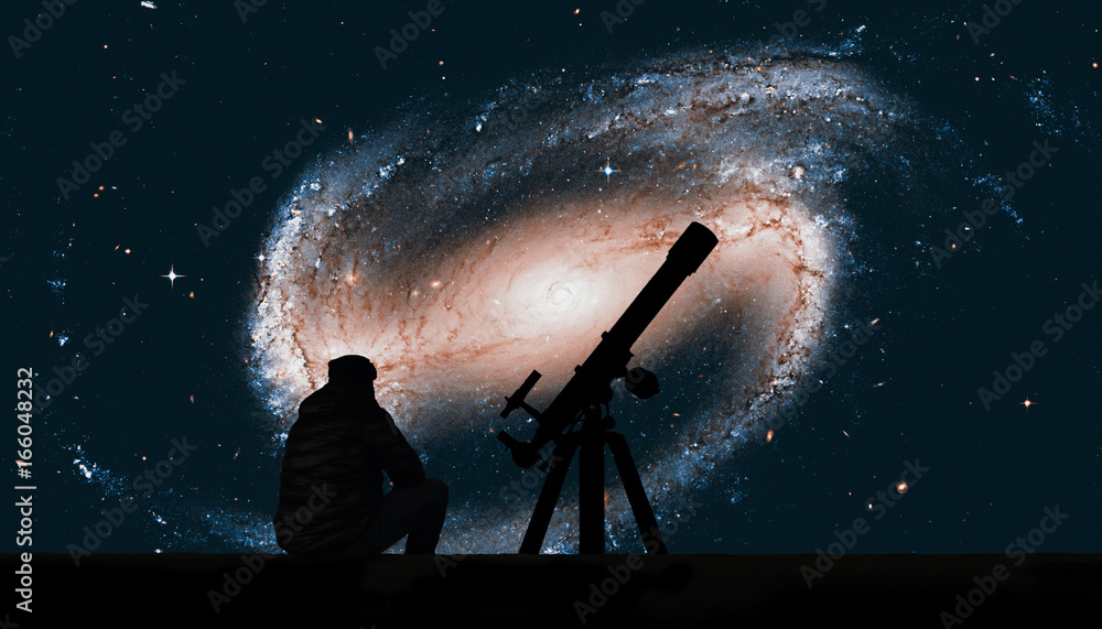 Obraz premium Man with telescope looking at the stars. Spiral galaxy in the constellation Eridanus NGC 1300