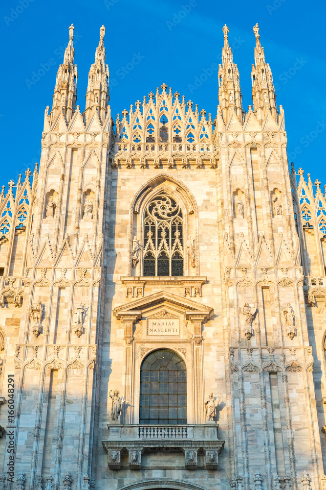 Detail of Milan Cathedral or Duomo di Milano, Gothic church located in the historical center of Milan, Italy.
