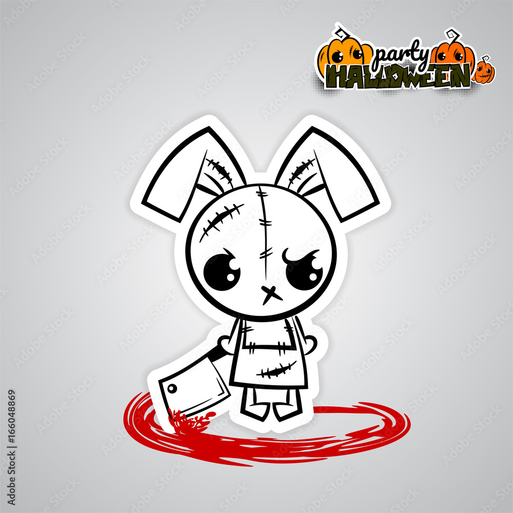 Halloween evil bunny rabbit knife, blade cartoon funny monster. Pop art wow  comic book text poster party. Ugly angry monochrome thread needle sewing  voodoo doll. Vector illustration sticker paper. – Stock-Vektorgrafik