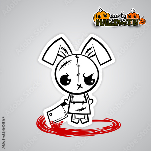 Halloween evil bunny rabbit knife, blade cartoon funny monster. Pop art wow comic book text poster party. Ugly angry monochrome thread needle sewing voodoo doll. Vector illustration sticker paper.