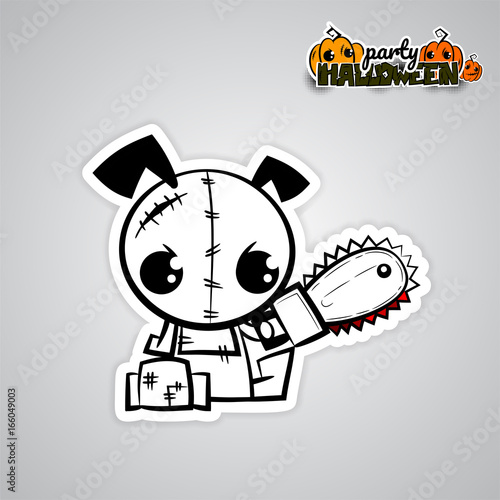 Halloween evil dog blood saw cartoon funny monster. Pop art wow comic book text poster party. Ugly angry monochrome thread needle sewing voodoo doll. Vector illustration sticker paper.