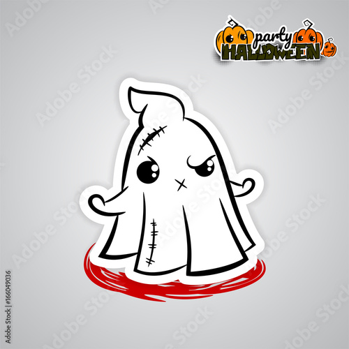 Halloween evil devil ghost cartoon funny monster. Pop art wow comic book text poster party. Ugly angry monochrome thread needle sewing voodoo doll. Vector halftone illustration sticker paper.