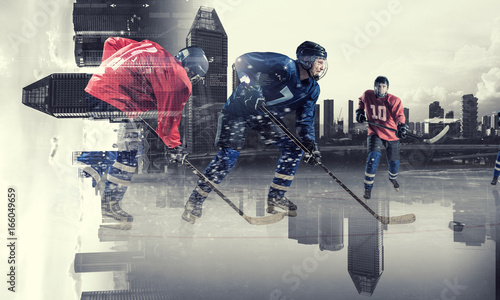 Photography Hockey players on ice. Mixed media