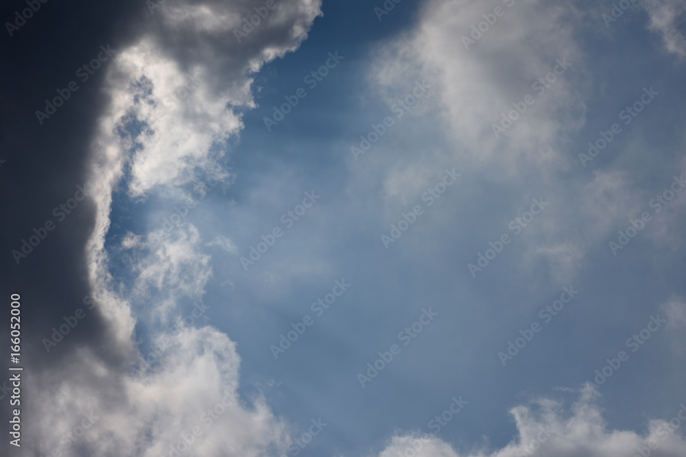 太陽の日差しと青空と雲（未来を導く、力を注ぐ、未来を拓くなどのイメージ）雲や空などにタイトルスペース