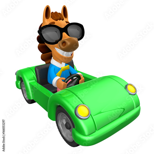 Driving a Green sports car in 3D Horse character. 3D Animal Character Design Series.