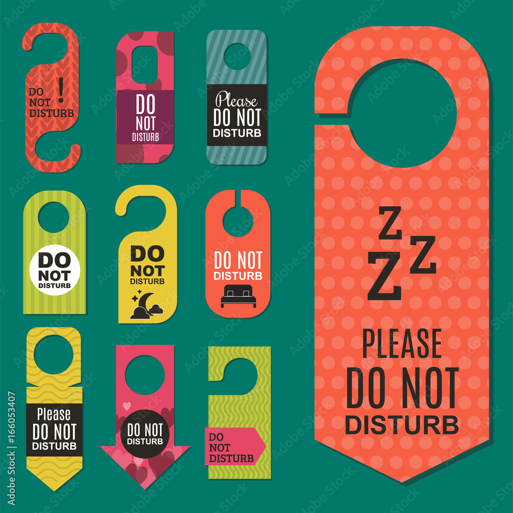 Naklejka premium Please do not disturb hotel door quiet motel service room privacy concept vector card hang message .