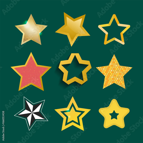 Shiny star icons in different style pointed pentagonal gold award abstract design doodle night artistic symbol vector illustration.