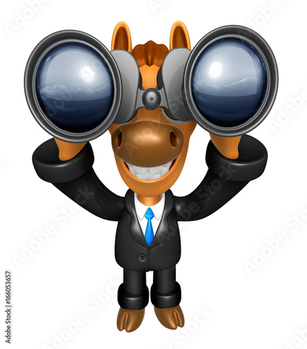 3D Horse mascot in binoculars watching. 3D Animal Character Design Series.