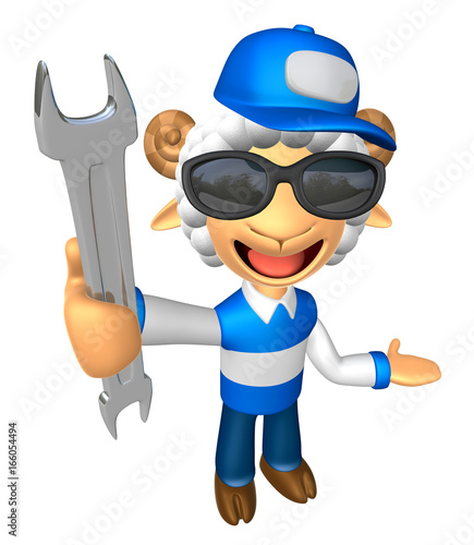 Wear sunglasses 3D Service Sheep Mascot the left hand guides and the right hand is holding a wrench. 3D Animal Character Design Series.