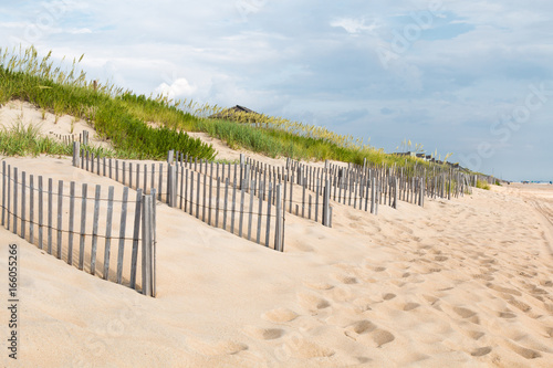 Rows of sand fences line the beach in Nags Head  North Carolina on the Outer Banks.