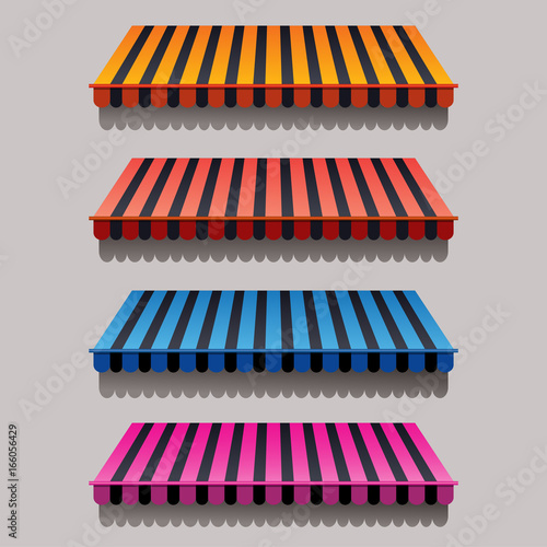 Set of striped awnings for shop and marketplace