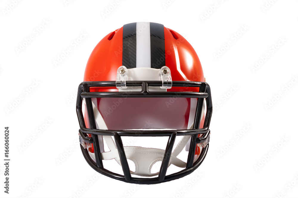 Naklejka premium Sports and athletic training concept with front view of a red or orange american football helmet with black and grey stripe along the crown, isolated on a white background with clipping path