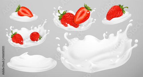Different 3d realistic vectors illustration of flavor, yogurt, milk, white yogurt splash and strawberry.