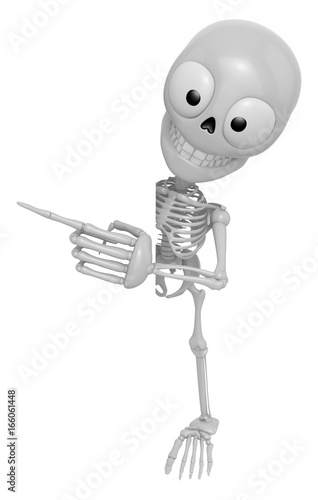 3D Skeleton Mascot the right hand point a finger gesture, left hand is holding a board. 3D Skull Character Design Series.