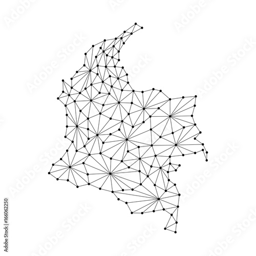 Colombia map of polygonal mosaic lines network, rays and dots vector illustration.
