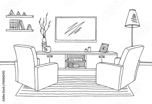 Living room graphic black white interior sketch illustration vector