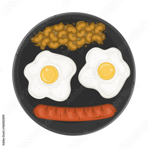 Fried eggs and sausages with beans. American breakfast. Top view.