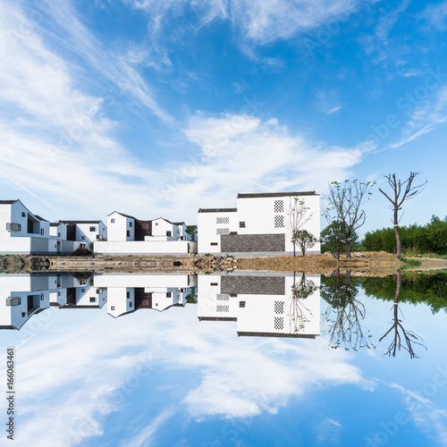 Scenic view of Dongziguan village against blue sky in Changkou town,Fuyang city,Zhejiang province of China. photo