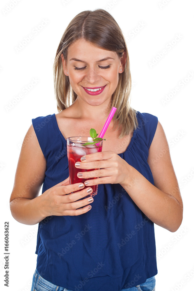 Woman holding a raspberry juice - isolated