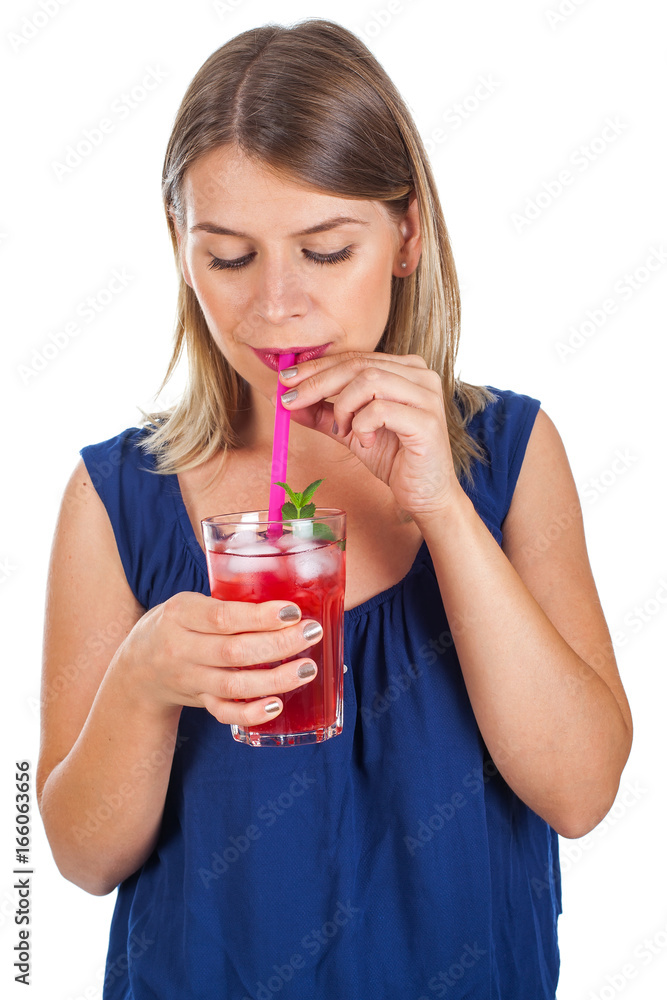 Woman holding a raspberry juice - isolated Woman holding a raspberry juice - isolated