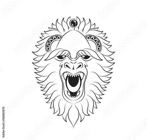 Vector illustration abstract isolated predatory unusual grin wild animal yeti decorated black linear doodle