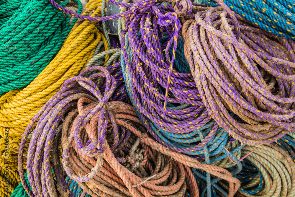 Colorful sink, hydropro and float ropes used for lobster traps piled up