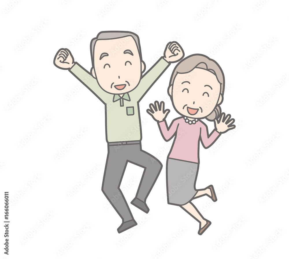 An illustration of an old couple laughing and jumping An illustration of an old couple laughing and jumping
