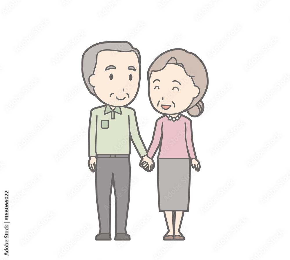Illustration of an old couple standing by holding hands