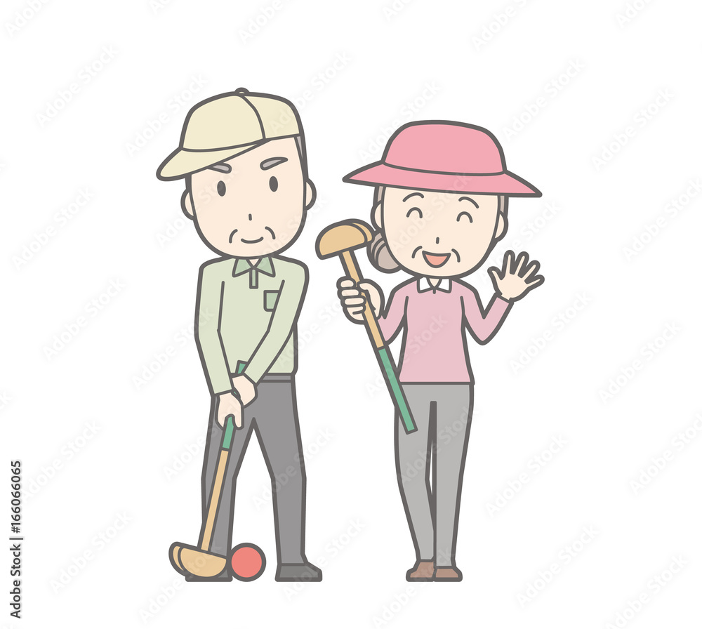 Illustration of an elderly couple playing Ground Golf