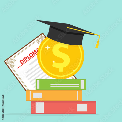 Investment in education. A gold coin with books and a graduate cap