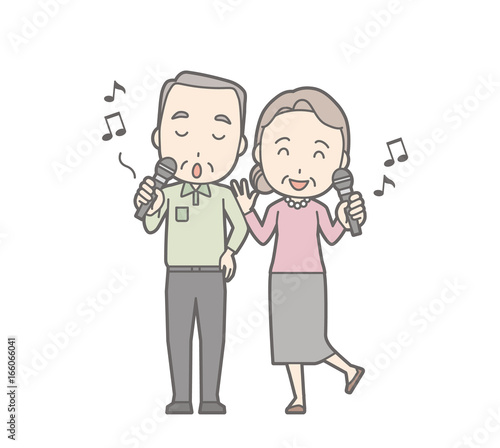Illustration of an elderly couple karaoke