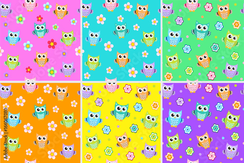 Kids seamless pattern with owls. Owl endless background, texture. Children s backdrop. Vector illustration