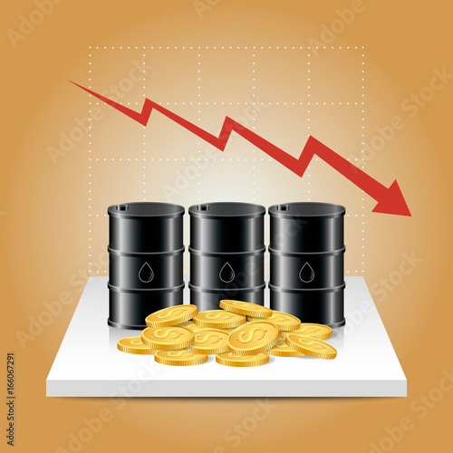 Oil industry concept. Oil price falling down graph with oil tank and dollar coins.