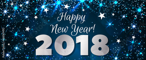 Happy New Year 2018 greeting horizontal banner. Festive illustration with colorful confetti, party popper and sparkles. Vector