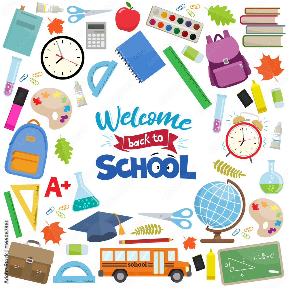 Set of different school supplies. First day of school, Back to school flat icons. Vector Set of different school supplies. First day of school, Back to school flat icons. Vector