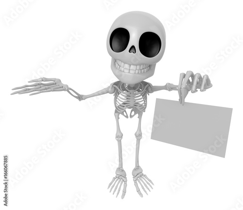 3D Skeleton Mascot the left hand guides and the right hand is holding a business cards. 3D Skull Character Design Series.