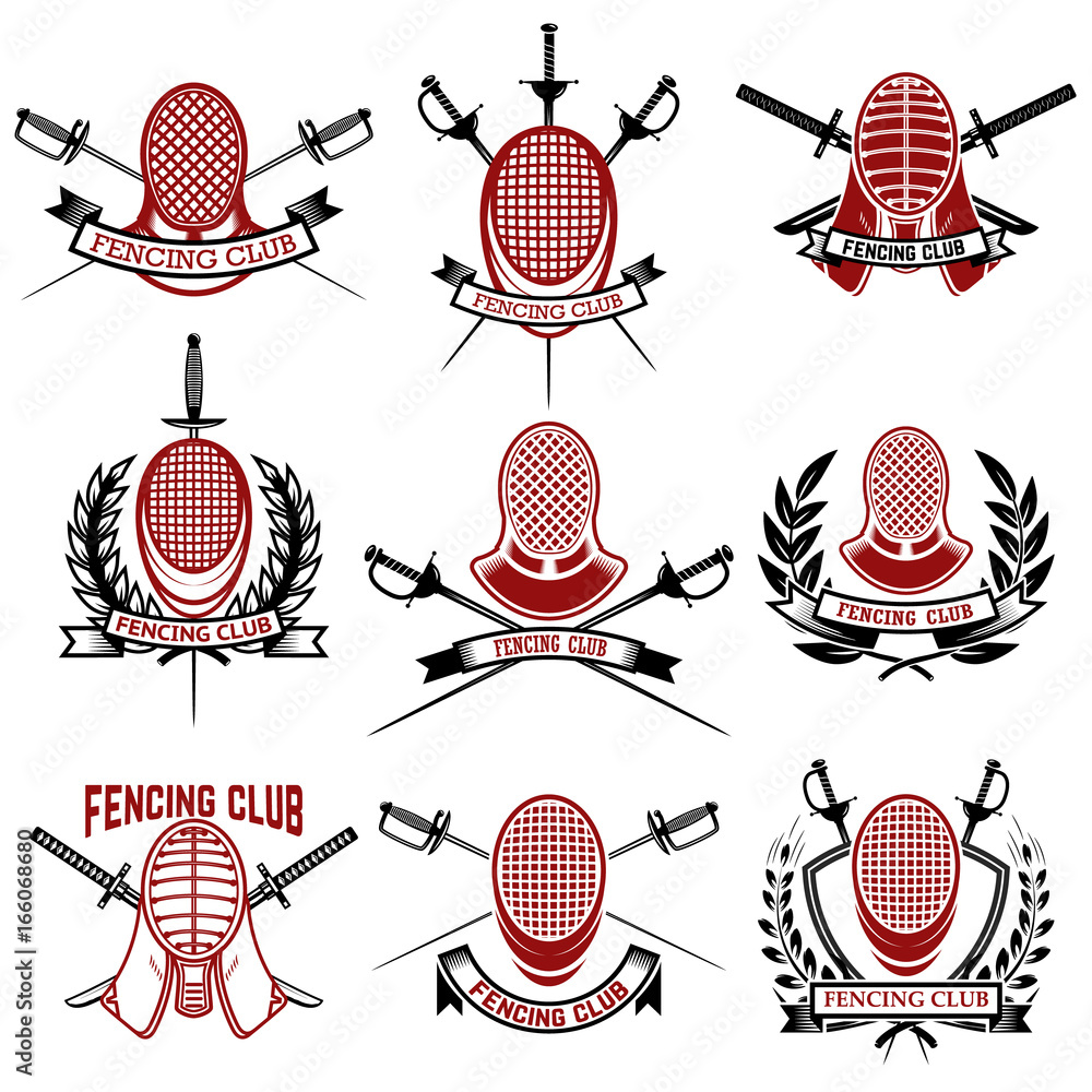 set-of-fencing-club-emblems-templates-rapira-fencing-face-guard