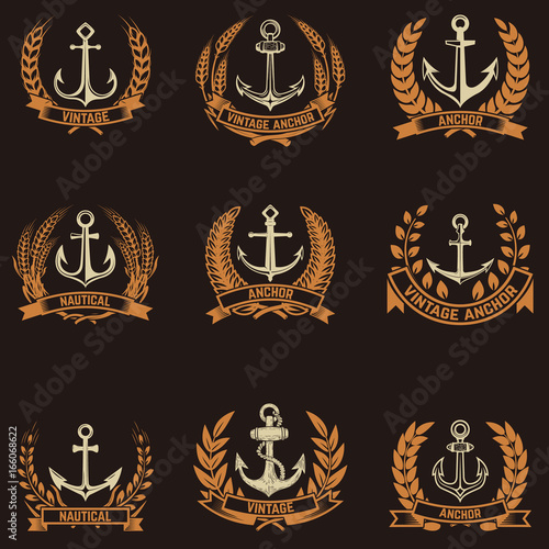 Set of the emblems with anchors and wreaths in golden style. Design elements for logo, label, emblem, sign, badge. Vector illustration