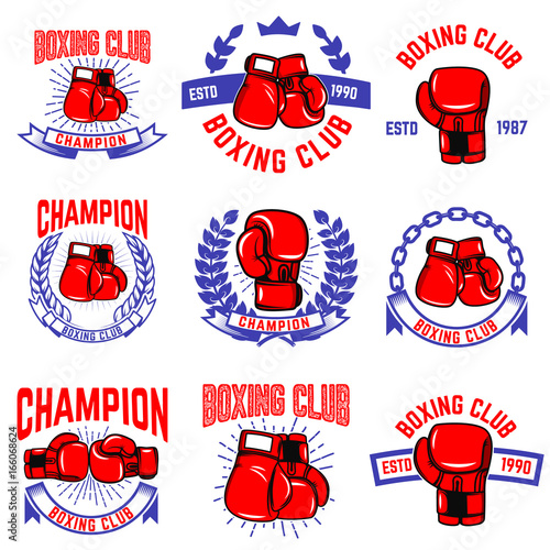 Set of boxing club emblems. Boxing gloves. Design elements for logo, label, badge, sign, brand mark. Vector illustration