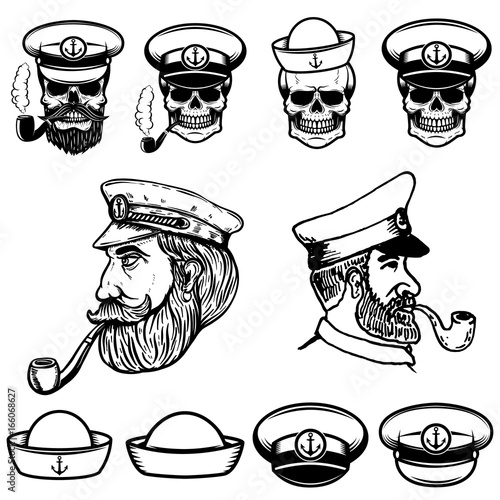 Sea captain illustrations. Skulls in sailor hats. Design elements for logo, label, emblem, sign. Vector illustration