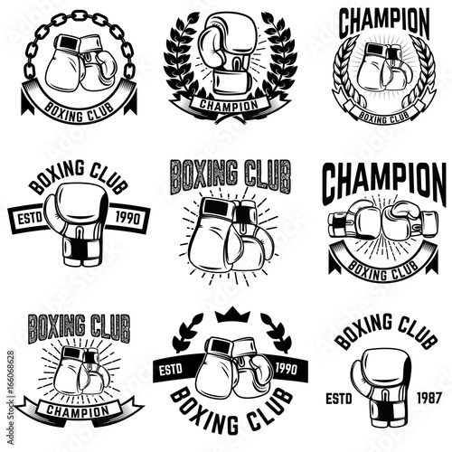 Set of monochrome boxing club emblems on white background. Design elements for logo, label, emblem, sign. Vector illustration