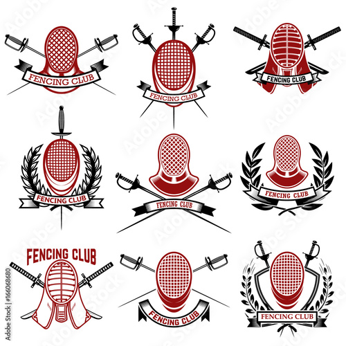 Set of fencing club emblems templates. Rapira, fencing face guard. Design elements for logo, label, badges, sign, brand mark. Vector illustration